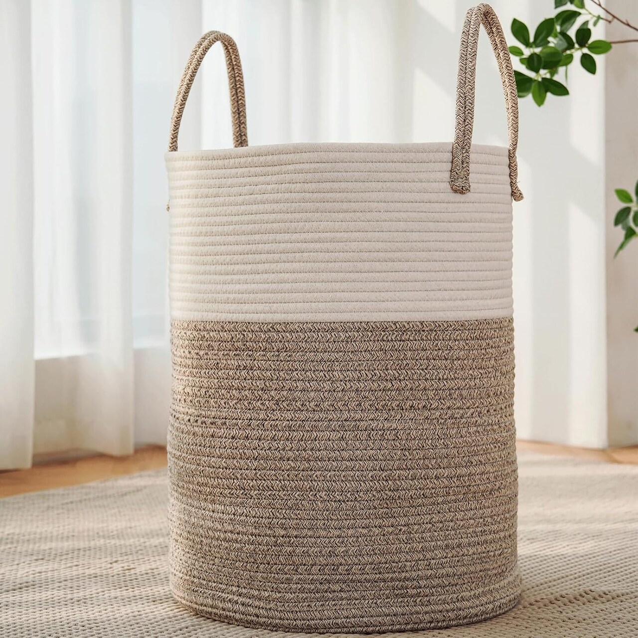 Large Woven Laundry Basket Hamper,60L Cotton Rope Storage Bin for Blankets,Toys and Clothes,Decorative Tall Nursery Hamper